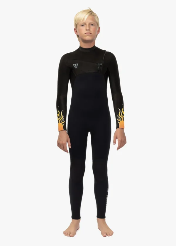 Fashion Vissla High Seas Boys Fire 3-2 Full Chest Zip Wetsuit Black